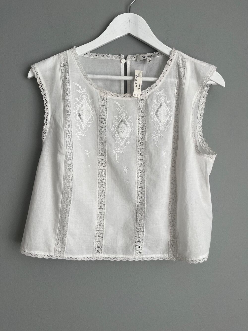 Madewell NWT $88 Women's Embroidered Lace Insert Crop Top White M Cottage OA391